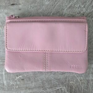 Fossil Pink Leather Card Purse Wallet Zippered Pouch Genuine Leather Compact
